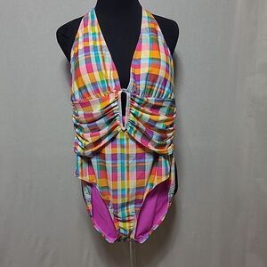 Into the Bleu by Amerex Women 14 Swimsuit One Piece Plaid Halter Plunge Monokini